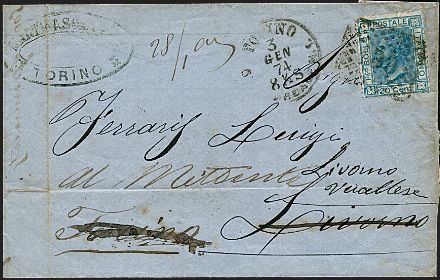 dopo 2 mesi di giacenza venne rispedita al mittente e poi a Livorno Vercellese dove fu rintracciato il destinatario - Interessante - ITALIA REGNO  (1867)  - Catalogo Cataloghi su offerta - Studio Filatelico Toselli